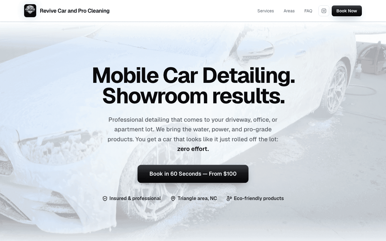 Revive Car and Pro Cleaning, a live booking platform built by Spiffy Tec